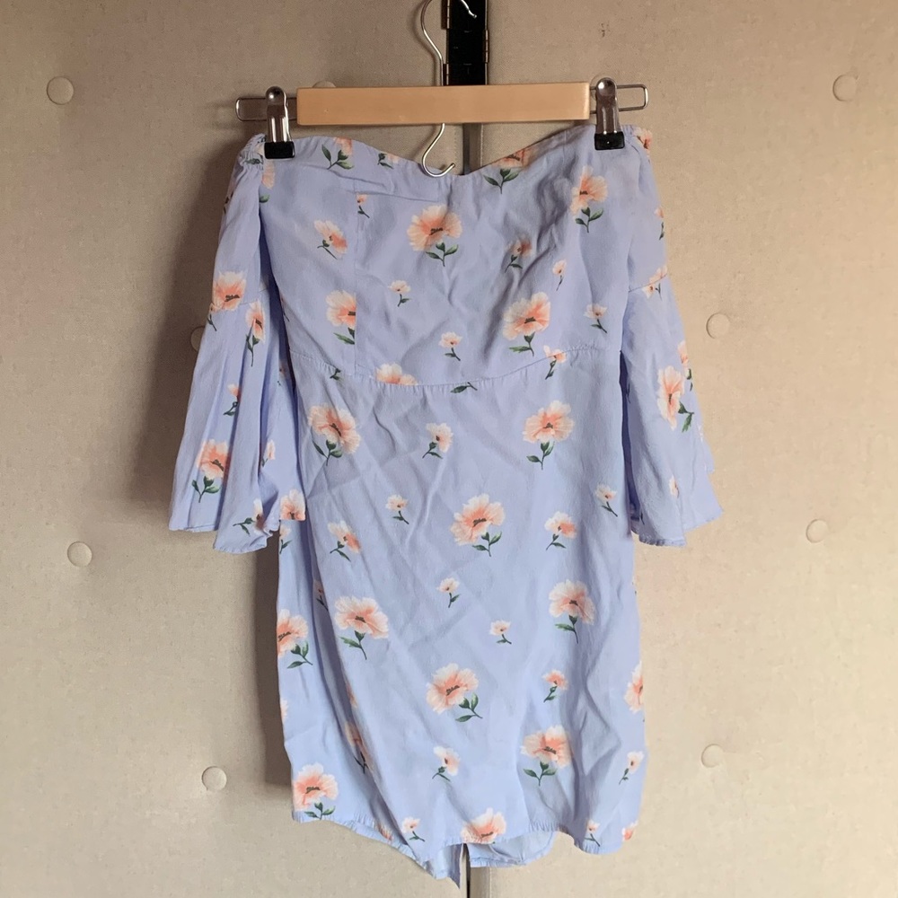 blue floral strapless off the shoulder mini dress
